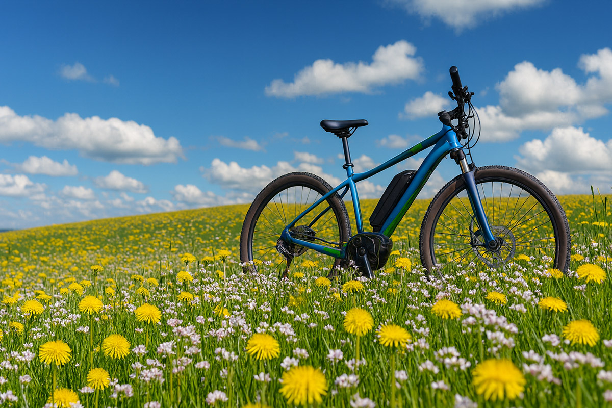 Altes E-Bike im Blumenfeld