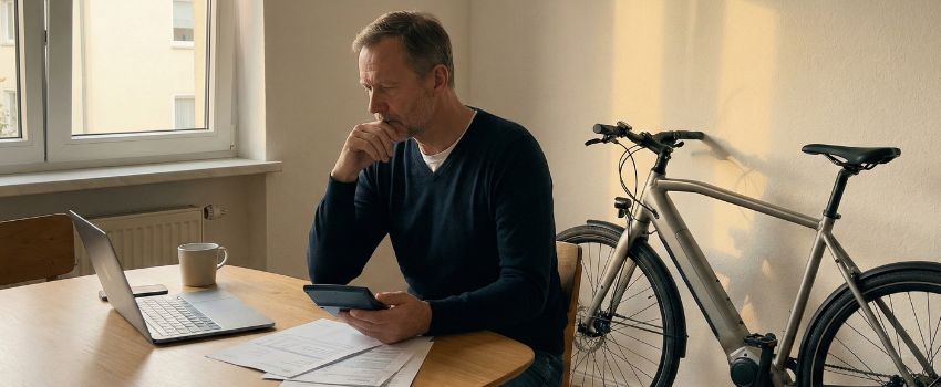 Mann stellt Kalkulation an. Im Hintergrund befindet sich ein E-Bike.